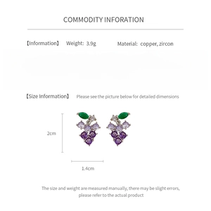 Detail showing grape-shaped zircon earrings dimensions 2cm by 1.4cm with 3.9g weight