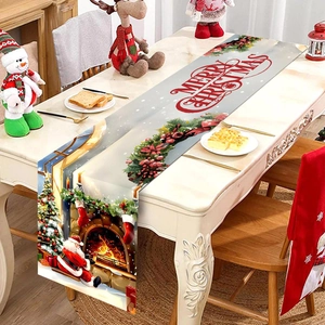 Christmas Table Runner Polyester Santa Claus Fireplace Merry Christmas Holiday Dinner Party Home Decor Festive Tableware