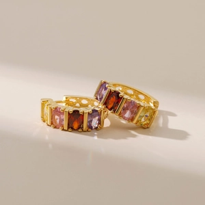 French vintage style 18K gold-plated brass hoop earrings with multi-colored zircons
