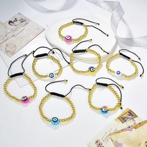 Hand Woven Copper Beads Evil Eye Braided Bracelet Gold Plated Geometric Adjustable Rope Chain Ethnic Boho Jewelry For Men Women