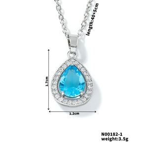 Detail view of water drop blue zircon necklace with size specifications and weight info