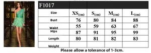 Size chart for slim fit one-shoulder dress with sequins and feathers detailing