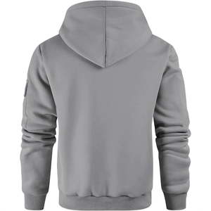 Vista trasera de sudadera gris con capucha para hombre con forro polar y bolsillo en manga