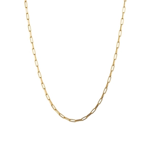 Detailed close-up of 18K gold plated paperclip chain necklace on white background