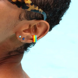 Close-up of S925 sterling silver colorful enamel ear cuffs and stud earrings on model ear
