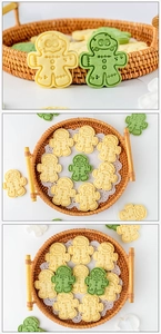 Close-up of assorted gingerbread man cookies in a woven basket for Christmas baking