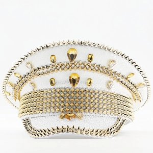 Sparkly white sequin captain hat with gold studs and amber rhinestones for parties