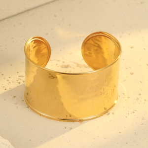 Polished gold open cuff bangle bracelet in minimalist stainless steel for women