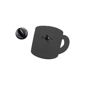 Detailed back view of a black enamel coffee cup brooch with rubber clutch pin backing