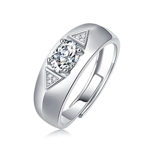 Macro view of men's S925 silver ring featuring oval moissanite and geometric details
