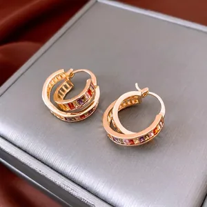 Vintage Cross Layered Hoop Earrings Gold Plated Copper Multi Color Zircon Square Geometric Rainbow Luxury For Women