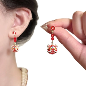 Exquisite Chinese lion dance tassel earrings with red enamel and silver needles design
