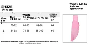 Size chart table for pink ruffled off-shoulder mini dress with bust and waist measurements