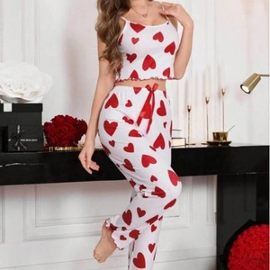 Women ribbed loungewear set with red heart print camisole and matching long pants