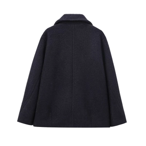 Back view of a loose-fit double-breasted wool blend coat in dark charcoal navy texture