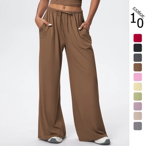 Women High Waist Wide Leg Pants Nylon Spandex Brushed Drawstring Loose Yoga Trousers Casual Loungewear With Pockets