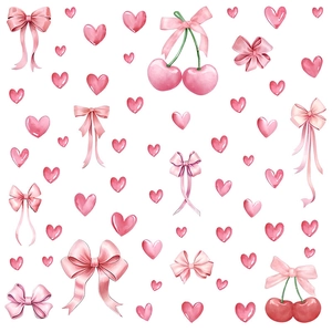 Pink watercolor wall decals with heart, cherry, and bow designs for girl bedroom decor