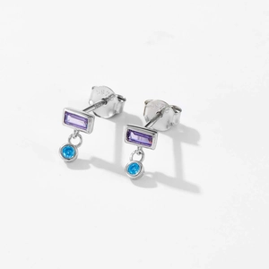 S925 sterling silver stud earrings with square purple and round blue zircon crystals