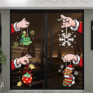 Adesivo Statico Finestra Natale Cartone Animato PVC Removibile Porta Vetro Mano Babbo Natale Albero Fiocco Neve Arredo