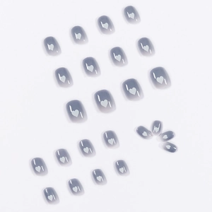 Blue-grey gradient press-on nails with white heart design in short square shape