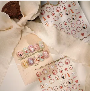 Close-up of animal garden nail art stickers with embossed bunnies and puppies