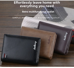 Short leather wallets for men in black, light brown and coffee on dark wood background