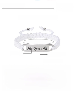 Detail of adjustable white braided rope couple bracelet with His Queen engraved plaque