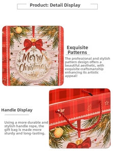 Detail of Christmas gift bag showing red plaid edges and durable woven handle