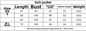 Size chart detail for casual blazer and wide-leg trousers set with specific measurements