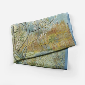 Detail of folded silk scarf with Van Gogh starry sky floral oil painting and blue border