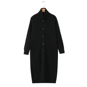 Women's black long knit cardigan with stand collar, single-breasted buttons and side pockets