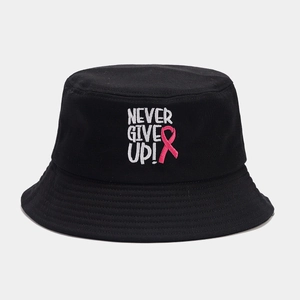 Classic black bucket hat with NEVER GIVE UP embroidery and pink ribbon for sun protection