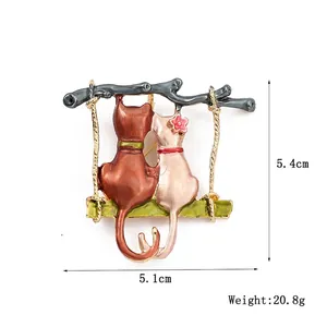 Enamel cat brooch with two cats on a swing, size 5.4cm by 5.1cm, alloy jewelry accessory
