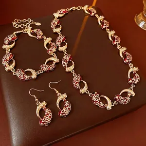 Vintage Red Enamel Jewelry Necklace Bracelet Alloy Flower Water Drop Pendant For Women Retro Fashion With Silver Earring Post