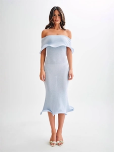 Slim fit light blue off-shoulder knitted dress with ruffle hem and fishtail silhouette