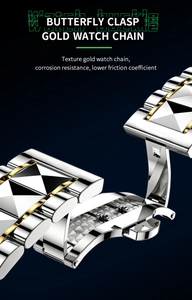 Macro view of two-tone gold watch chain featuring a secure butterfly clasp design