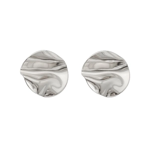 Irregular wrinkled round stud earrings in silver finish with polished wavy texture