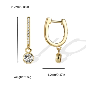 Gold plated U-shaped brass earrings with micro-set zircon and round crystal pendants