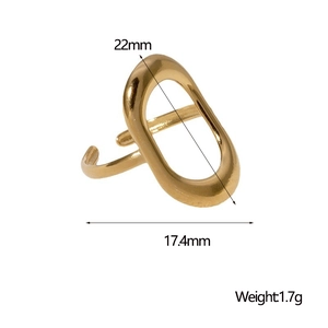 Detail view of geometric gold ring with 22mm hollow oval design and dimensions