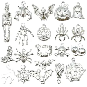 Silver Halloween charms collection with bats pumpkins and skulls for DIY jewelry making
