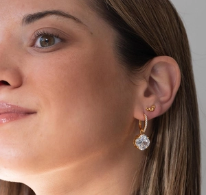 Detail of S925 sterling silver gold star earrings with sparkling zircon on a female model