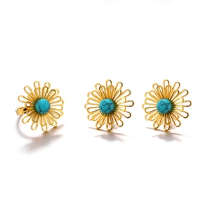Set di gioielli girasole dorati con pietre turchesi composto da anello e orecchini