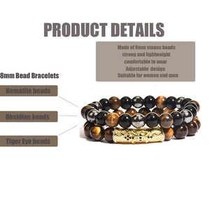 Infographic of 8mm hematite obsidian and tiger eye adjustable stone bracelets for adults