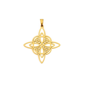 Golden Celtic knot pendant featuring a hollow witch knot and trinity design in titanium steel