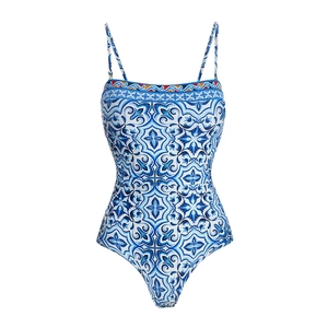 Close-up of Majolica blue tile print and geometric embroidery on one-piece swimsuit