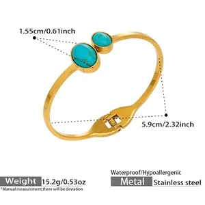 Détail du bracelet en acier doré avec incrustation de turquoise et mesures précises