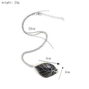 Detail of Labradorite leaf pendant with Tree of Life wire wrap on 53cm silver chain