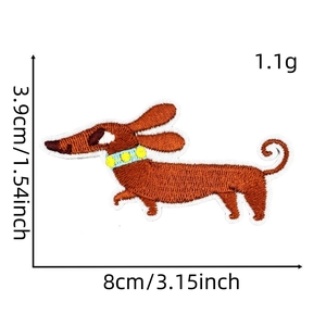 Detailed close-up of brown dachshund embroidery patch showing 8cm x 3.9cm dimensions