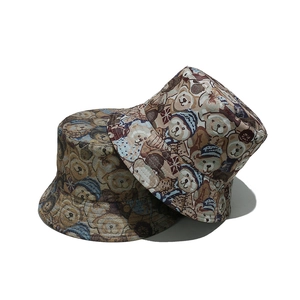 Women's 2-pack cotton bucket hats with cute cartoon bear pattern in khaki and brown