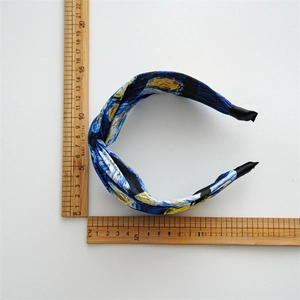 Blue van Gogh Starry Night print knotted headband with ruler measurement for size check